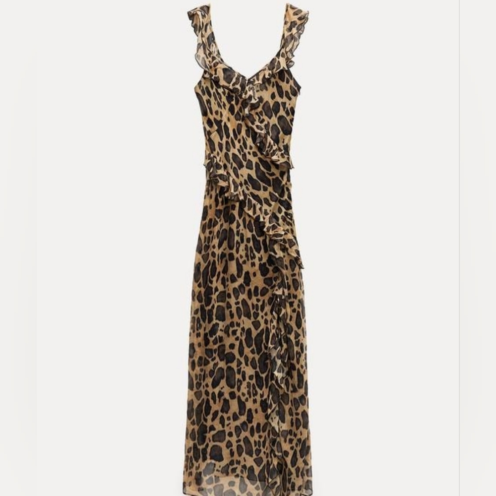 NEW Ruffled Animal Print Dress L Leopard